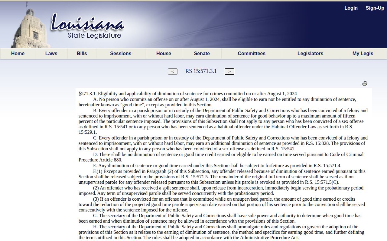 Louisiana good-time statute affecting Bienville Parish projected release dates