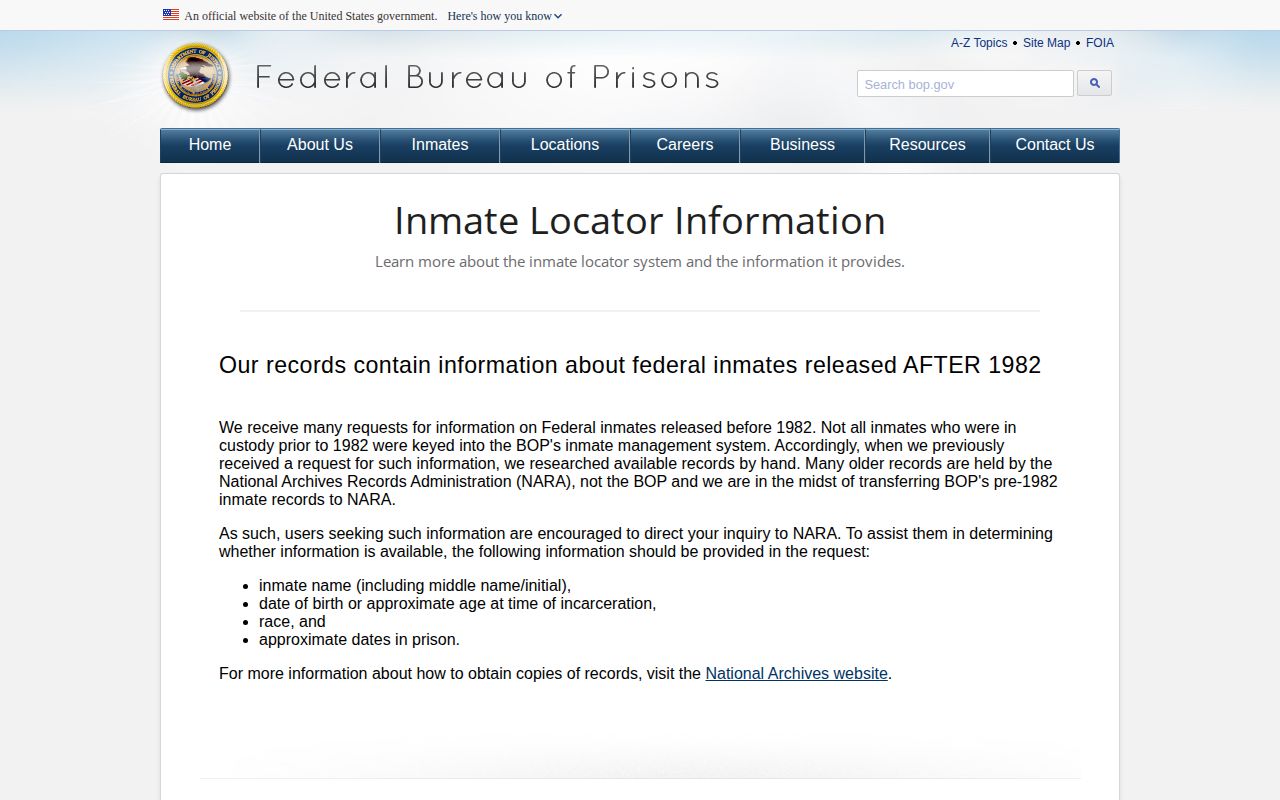 Federal Bureau of Prisons explanation of past inmate release dates